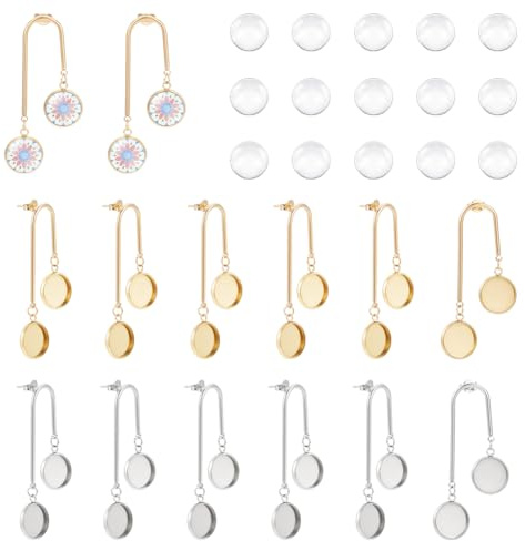 UNICRFTALE 1 Set 2 Colori 24 Pz Doppio Piatto Rotondo Orecchini a Perno Lunetta Vassoio 304 Impostazioni di Orecchini a Perno in Acciaio Inox con 24 Pz Cabochon In Vetro Orecchini Base Arch Earring