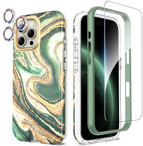 SHEDEER for iPhone 16 Pro Max Case with Glitter Camera Protector + Screen Protector, Chic Anti-Yellowing Pattern, Shockproof Drop Protection Anti-Scratch Phone Cover 16 Pro Max 6.9'', Quicksand Green