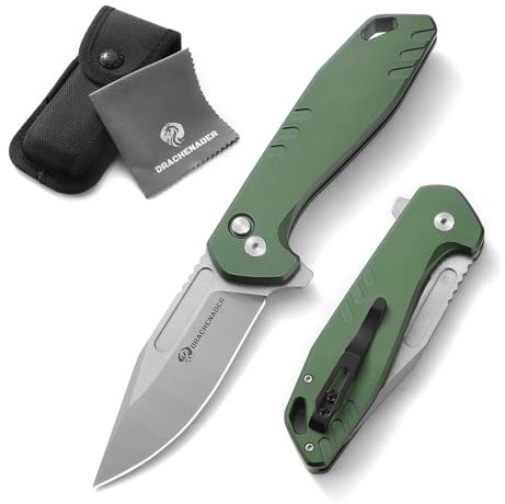 DRACHENADER Outdoor Klappmesser B-FENG, Taschenmesser mit Buttonlock, D2 Stahl, Aluminium Griff, Einhandmesser mit Clip, Nylon Tasche für Camping, Grün