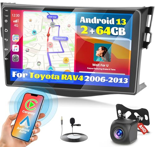 Fuluku 2+64G Android 13 Autoradio für Toyota RAV4 2006-2013 mit Drahtlosem Carplay Android Auto, 9 Zoll Bildschirm Autoradio mit Bluetooth/WiFi/GPS/Rückfahrkamera/FM/RDS/SWC/28 Sets von Themen