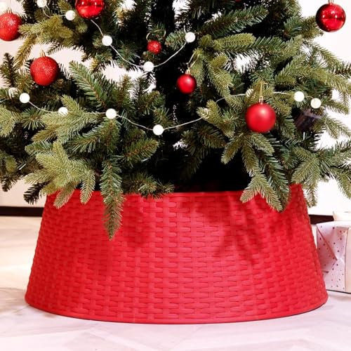 Taylor & Brown Christmas Tree Skirt 72cm Round Xmas Tree Base Cover, Red Plastic Rattan Tree Collar Basket Decoration Home Decor - Ideal for Trees 7ft and Below