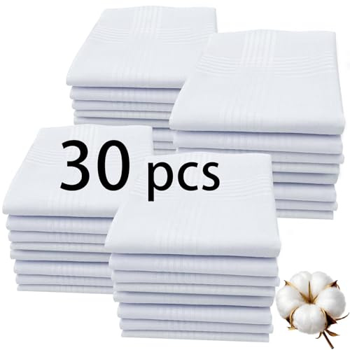 ARKBAODAN 30 PCS White Handkerchiefs for Men,100% Cotton Soft Cotton Handkerchief for Men, 16x16 bulk Mens Handkerchiefs (30 PCS)