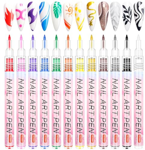 LEDSUUEI Nail Art Pens Set, 12 Colors Nail Art Graffiti Pen Nail Drawing Pen, Waterproof 3D Nail Polish Pens, Nail Varnish Pens, Nail Dotting Tools Acrylic Paint Pens Drawing Painting Point Liner Pen