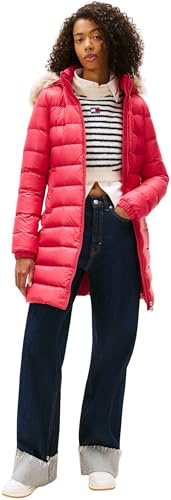 Tommy Jeans Damen Daunenmantel Essential Hooded Down Coat mit Kunstpelz, Rot (Vintage Cerise), XS