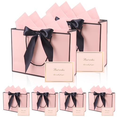 XIAQICA Sacchetti Regalo 6 Buste Regalo Medie + 6 Carte + 6 Veline, Busta Regalo con Fiocchi e Manici Sacchetto Regalo Rosa Borsa Regalo per San Valentino, Matrimoni, Compleanni, Feste