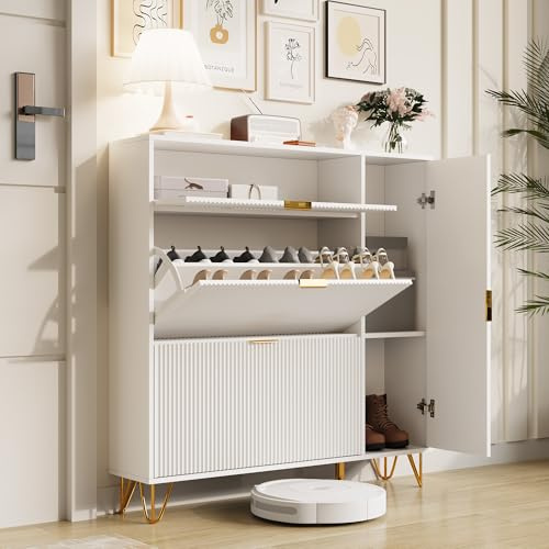 FOERPL Schuhschrank mit Klappen und Schubladen,Schuhkipper Schmal Schuhkommode Weiß für Eingang/Flur/Diele, Platzsparend, Skandinavisch,110x24x114 cm