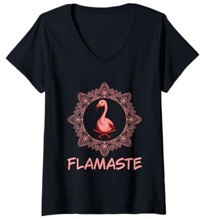 Damen Flamaste Namaste Flamingo Yoga Meditation Mandala Spruch T-Shirt mit V-Ausschnitt