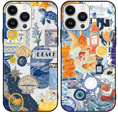 Phoona 2 Pack Cute Case for iPhone 13 Pro Max 6.7, European Collage Preppy Summer Girly Design Pattern for Girls Women, Slim Soft Silicone Shockproof Bumper Protector Cover, Blue 02