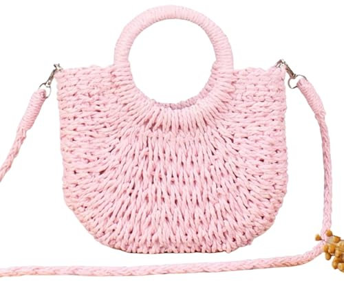 HSTWODE Straw Beach Bag for Women, Summer Handwoven Tote Bags Purse with Tassel, Top Handle Straw Handbag Clutch, pink, 26*20*8cm