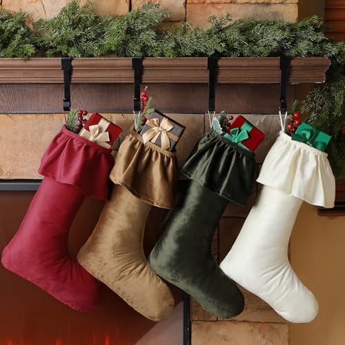 Kinlop 4 Stück 45,7 cm neutraler Weihnachtsstrumpf aus Samt, gerüschtes Design, große Weihnachtsstrümpfe mit Aufhängeschlaufen für Kamin, Weihnachtsbaum, Ornament, Vintage, Feiertagszeit