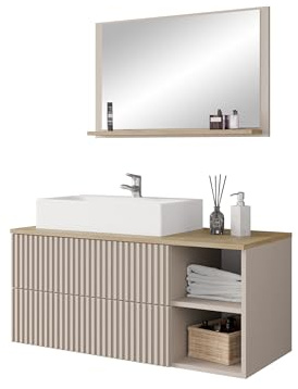 Mirjan24 Badmöbel Set Kormen Rillen I mit Waschbecken und Siphon, 2 offenen Fächern, 2 Schubladen, Oberplatte - Marmor-Optik, Badezimmer Komplett (Wüstensand + Eiche Cremona)