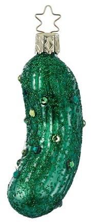 Christbaumschmuck Gurke 9cm mundgeblasenes Glas handbemalt - Weihnachtskugel Figur mit Glitzerdekor zum Aufhängen - Weihnachtsbaum Anhänger - Winterfigur & Weihnachtsbaumschmuck Grün