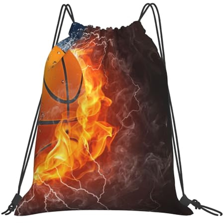 Basketball Ball On Fire And Water Wasser-Rucksack mit Kordelzug, widerstandsfähige Einkaufstasche für Damen und Herren, Sport- und Fitnessstudio-Sackpack