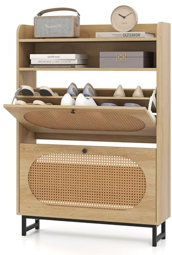 GIANTEX Schuhschrank, Rattan Schuhkipper mit 2 Ablagen & Klappschubladen, Schuhregal schmal mit Metallfüßen, Schuhaufbewahrungsschrank für Eingang, Flur und Wohnzimmer, 80 x 24 x 115 cm