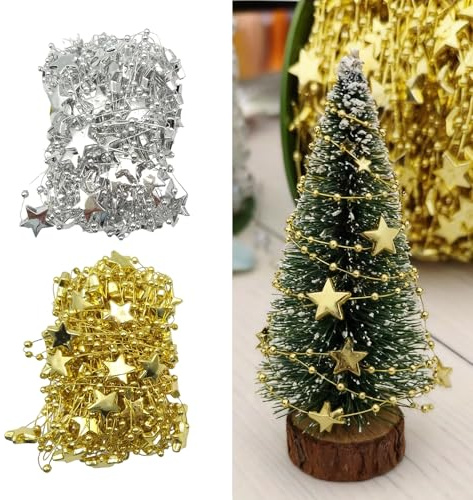 BSITSSS 2 Stück Perlenkette Weihnachtsbaum, Gold und Silber Sterne Perlenschnur Girlande Weihnachten 10m, Perlengirlande Weihnachten Perlenband für Christbaumschmuck Hochzeit DIY Partydeko