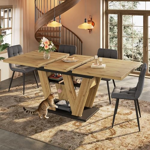 Zepneiy Table de Manger Extensible (119-158,5 × 80 × 75 cm),avec Pieds en W,Pieds de Table avec étagères intégrées,Table de Cuisine Extensible, Convient aux Cuisines et Salons,Naturelle + Noir