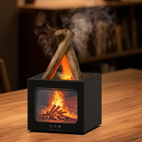 Aroma-Diffusor für Kamin, künstliche Flamme, Desktop-Luftbefeuchter mit buntem Nebel und USB-Stromversorgung, gemütlicher Aroma-Diffusor für Zuhause, Büro (schwarz)