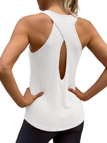 Fisoew Damen Cross Rückenlose Tank Tops Racerback Ärmellos Yogashirt Offene Rücken Sport Oberteile Weiß S