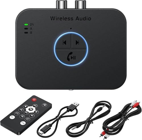 Bluetooth 6.0 audio receiver, adapter without wire 4 in 1 for home stereo, HiFi sound,Long-Range, 3D surround, HD low latency, optical/RCA/AUX/3,5 mm/coaxial, with function