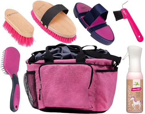 QHP Pferde-Pflegeset mit Putztasche – Shine in Pink - Komplettes Pflegeset für die tägliche Pferdepflege