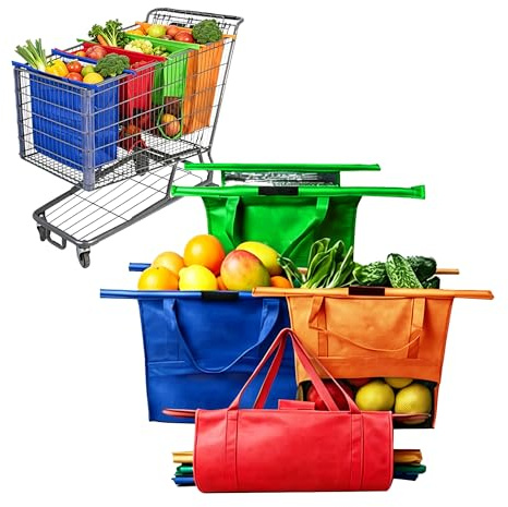 auvstar 4er Set Einkaufstaschen für Einkaufswagen,Faltbar | Einkaufswagen Taschen zum Einhängen, Mit isolierter Kühltasche,Traglast bis 23kg, Wiederverwendbar