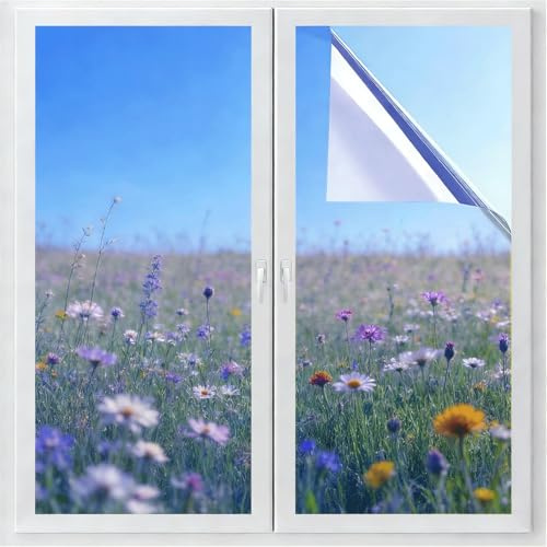 Folie Fenster Hitzeschutz 45 x 230 cm Spiegelfolie Hitzeschutz Selbstklebend UV Schutzfolie Fenster Fensterfolie Spiegelfolie für Bad-Fenster Zuhause Glastür Dachfenster, Blau Silber