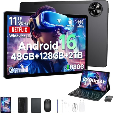 POPUX P11 Tablet 11 Pollici con 48 GB RAM + 128 GB ROM/TF 2TB Grigio | Tablet android 16, T7250 Tablet con Tastiera, Display 90Hz, 8800mAh, Gemini AI, Widevine L1, Face ID, WiFi5, Penna, tastiera