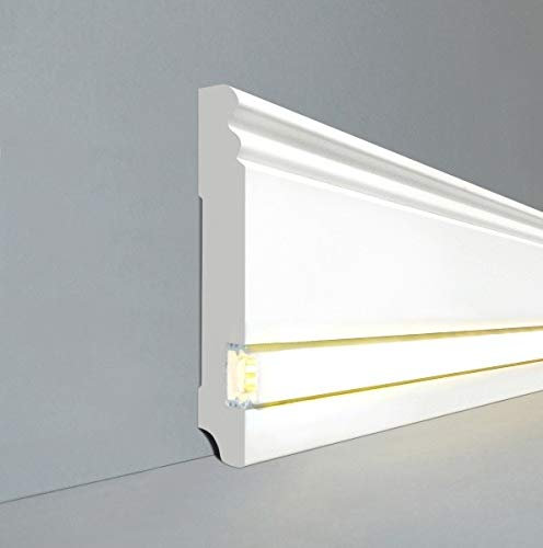 LEDLicht Fuß- u. SockelleistenBerlin Berliner Profil 115 x 19 mm MDF foliert 719.115L | LED Sockelleiste | Lichtleiste | Profisockelleisten | Inklusive weißer Abdeckung| Weiß