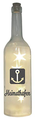 WB wohn trends LED-Flasche mit Motiv, Heimathafen Anker, grau, 29cm, Flaschen-Licht Glitzer-Flasche Leuchtflasche Lampe mit Text Spruch