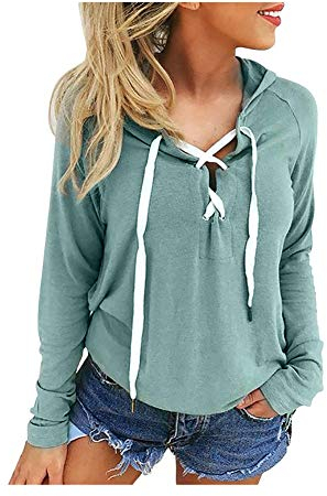 iHENGH Damen Frauen Hoodie Sweatshirt Lace Up Langarm Crop Top Coat Sport Pullover Tops(L,Grün)