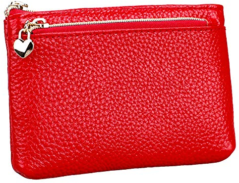 HXT-OAK Geldbörse Damen Leder Mini Geldbeutel Portmonee mit Reißverschluss Kartenfächer Brieftasche für Münze Kleingeld Rot