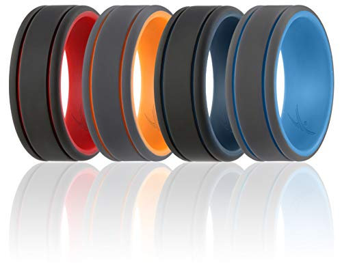 ROQ Silicone Wedding Ring for Men - Duo Collection Lines Style - 4 Pack Silicone Rubber Wedding Bands - Classic Design - Red, Black, Orange, Grey, Dark Blue, Light Blue Colors - Size 11