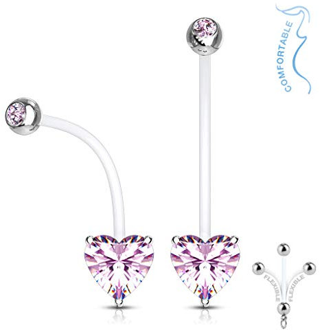 Tata Gisèle Piercing Nombril en Acier Chirurgical 316 L et Bioflex - Spécial Femme Enceinte - Oxyde de Zirconium Coeur Serti Acier Argenté - 25 mm (Rose)