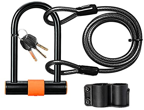 Efoxcity Bike U Lock with Cable - Heavy Duty Bicycle U-Lock - Black - Key Lock - U Shape - Easy to Use - Durable - for Road/Mountain/Folding Bikes/Motorcycles