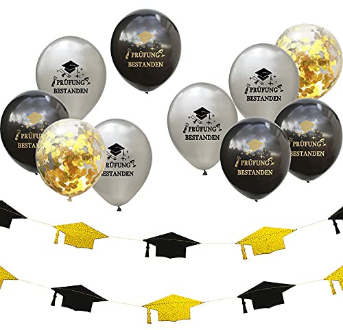 Oblique Unique® Prüfung bestanden Party Deko Set - Girlande mit Glitzereffekt + Konfetti Luftballon Set für Schulabschluss Abi Abitur Studium Abschluss
