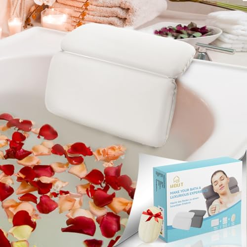 HOUT® Badewannenkissen | Badewanne Zubehör & Badekissen mit 7 Saugnäpfen | Spa Kissen & Bad Zubehör | Luxus-Badaccessoires für Whirlpool, Badewannen und Spa (Weiß)