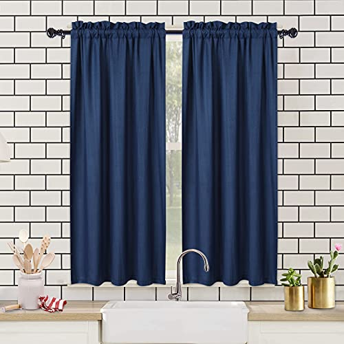 CAROMIO Wasserabweisende Scheibengardinen Modern Halbe Cafe Küchen Scheibengardinen Geprägte Musterstruktur Kurzgardine Kurzstores für Kleinfenster Vorhang Kurz, 2 x B 76 cm x H 114cm, Blau, 2er Set