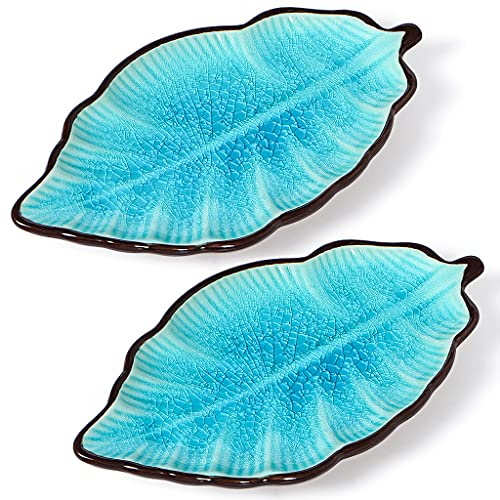 Sanbege 2 Pack Leaf Spoon Rest, Ceramic Ladle Holder, Modern Farmhouse Decorative Utensil Rester for Stove Top, Kitchen Counter, Dining Table, Coffee Station (Teal)