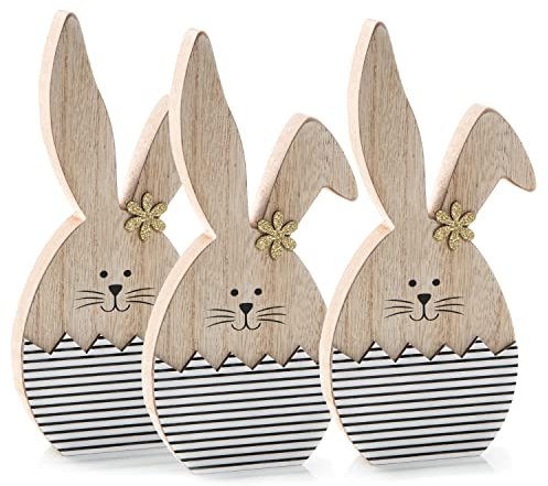 Logbuch-Verlag 3 Hasen Figuren aus Holz Natur schwarz-weiß Osterhase Deko Ostern 14 cm gestreift Hasenfigur Geschenk