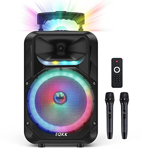 EQKK Máquina de karaoke con 2 micrófonos inalámbricos, altavoz de fiesta para adultos, sistema PA portátil para exteriores, Bluetooth 5.3, altavoces inalámbricos con luz de fiesta (subwoofers de