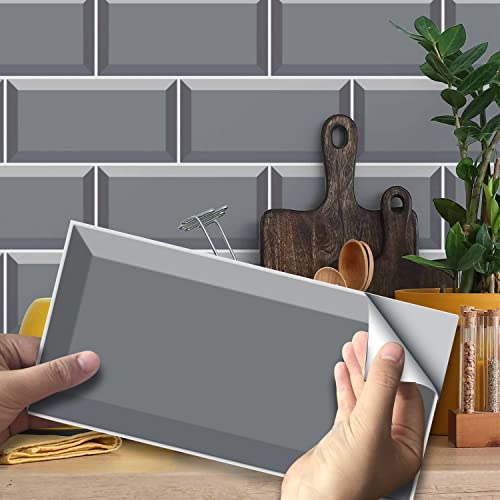 funlife 20X10cm 27Pcs Peel and Stick Transfers Sticker On Tiles, Self-Adhesive Water-Resistant PVC Tile Decals Backsplash for Home Kitchen Decor, Grey