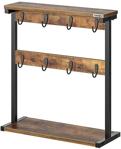 YATINEY Coffee Mug Holder Stand, Countertop Mug Tree Holder Rack, Rustic Mug Storage with 8 Hooks and 2 Open Shelves, Freestanding Storage Rack for Kitchen, Living Room, Rustic Brown and Black XMH43BR