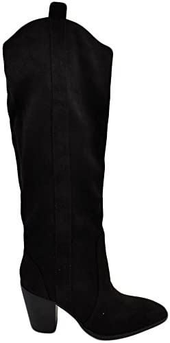 Malu Shoes Stivali camperos donna in camoscio nero altezza ginocchio lisci con tacco legno 7 cm quadrato moda zip (37 EU)