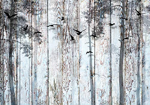 decomonkey Premium Fototapete Holz 400x280 cm XL Tapete Wandbild Bild Fototapete Holzn Tapeten Wandtapete Wand Schlafzimmer Wohnzimmer Holzoptik Baum Vogel Natur