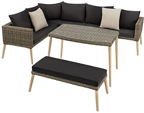 tectake® Aluminium Poly Rattan Lounge, Gartenmöbel Set mit Ecksofa, Bank und Tisch, Sitzgruppe für Garten Balkon Terrasse, Balkonmöbel Sofa Garnitur mit dicken Polstern, mit Zierkissen - Natur