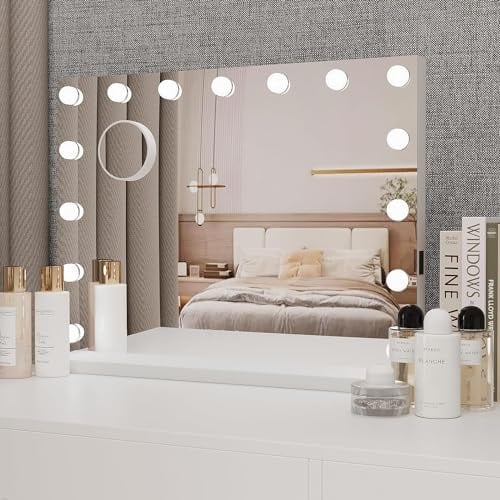 eklipt Schminkspiegel mit Beleuchtung, Hollywood Spiegel mit Beleuchtung Tischspiegel 15 LED Licht 3 Lichtfarben Wandspiegel mit USB 10X Vergrößerung Touch Control Tischplatte & Wandhalterung 58x45cm