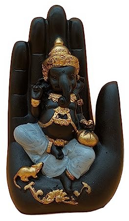 AB India Crafts Hand Palm Glücksgott Ganesha Statue Marmor Harz schwarz Gold 17x9,5x6,5 cm | Dekoration Spiritualität Glück Harmonie