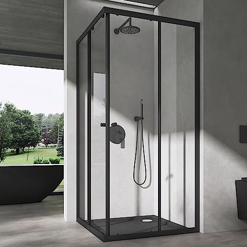 doporro Cabine de Douche Noir en Angle Transparent 100x100cm Paroi de Douche Hauteur de 190cm Portes Coulissantes Montage Réversible Ravenna16K-Plus