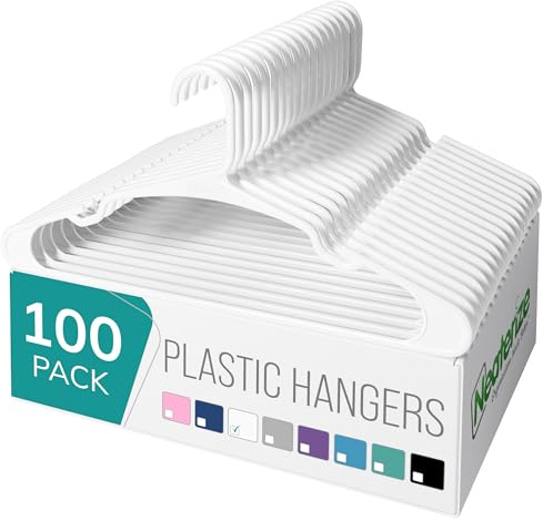 NEATERIZE Clothes Hangers Plastic 100 Pack for Adults - Plastic Hangers, The Perfect Coat Hanger and Space Saving Clothes Hangers for Closet - White Hangers