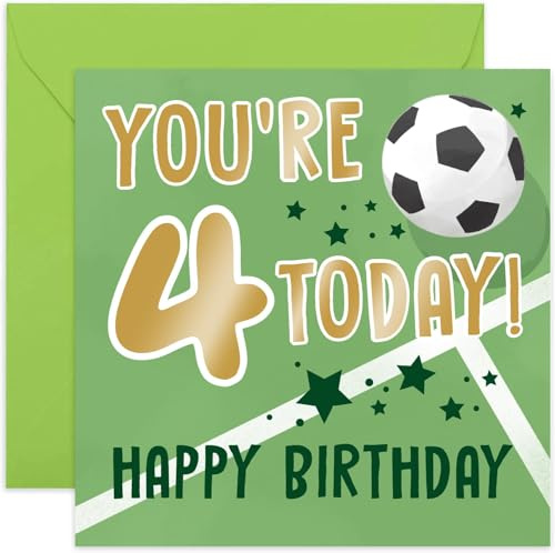 Fußball-Geburtstagskarte für Jungen und Mädchen, 4. Geburtstag, 4. Geburtstag, für Sohn, Neffe, Enkel, Tochter, Nichte, vierter Geburtstag, innen unbeschriftet